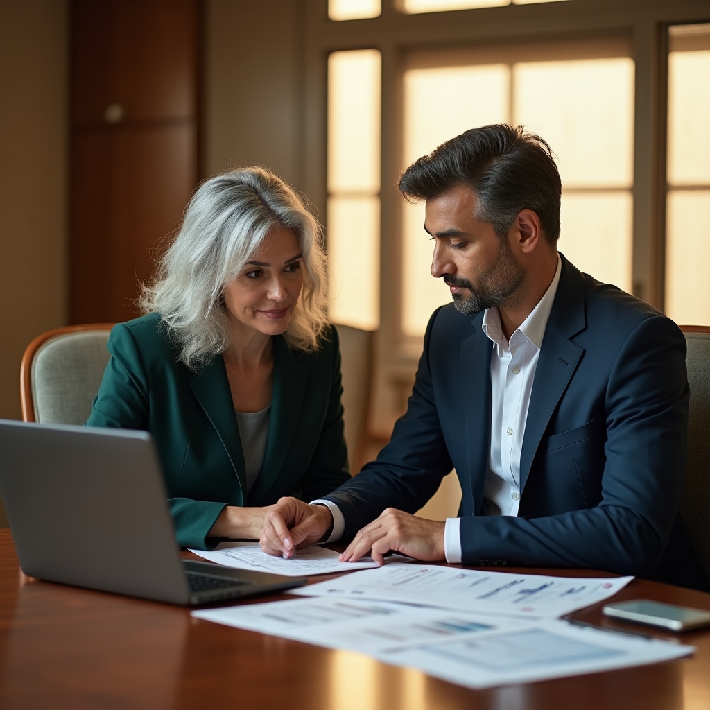Two people reviewing a franchise territory map and fee structure for a hosting brand